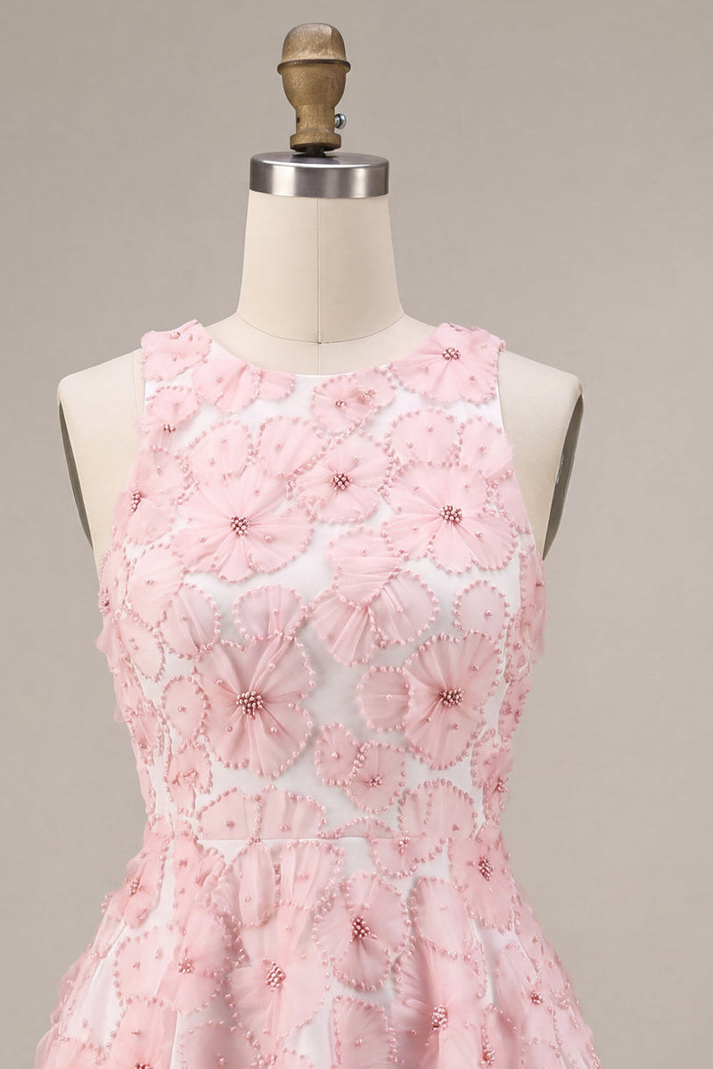 Laden Sie das Bild in den Galerie-Viewer, Rosa A-Linie geblümtes Rundhals-Perlenkleid mit Rüschen Homecoming-Kleid und Perlenbesatz