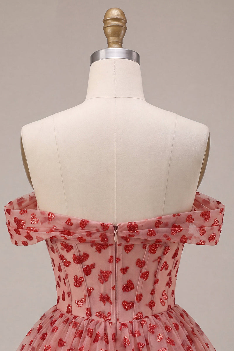 Laden Sie das Bild in den Galerie-Viewer, Off-the-shoulder rotes A-Linien-Pailletten-Korsett mit Stufen und Rüschen-Homecoming-Kleid