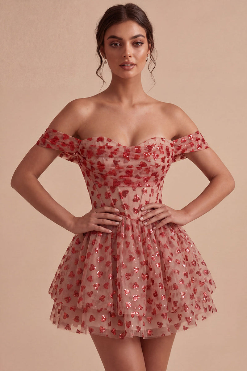 Laden Sie das Bild in den Galerie-Viewer, Off-the-shoulder rotes A-Linien-Pailletten-Korsett mit Stufen und Rüschen-Homecoming-Kleid