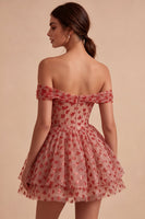 Laden Sie das Bild in den Galerie-Viewer, Off-the-shoulder rotes A-Linien-Pailletten-Korsett mit Stufen und Rüschen-Homecoming-Kleid