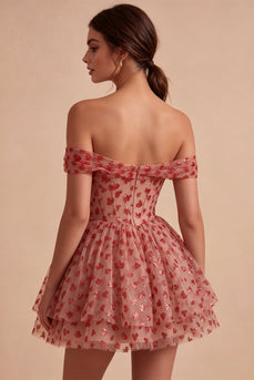 Off-the-shoulder Rotes A-Linie Pailletten Korsett Stufen Rüschen Kurzes Abendkleid