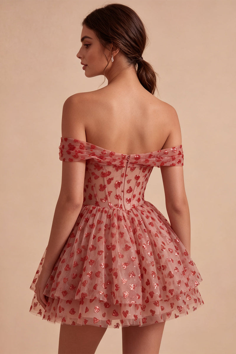 Laden Sie das Bild in den Galerie-Viewer, Off-the-shoulder rotes A-Linien-Pailletten-Korsett mit Stufen und Rüschen-Homecoming-Kleid