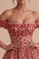 Laden Sie das Bild in den Galerie-Viewer, Off-the-shoulder rotes A-Linien-Pailletten-Korsett mit Stufen und Rüschen-Homecoming-Kleid