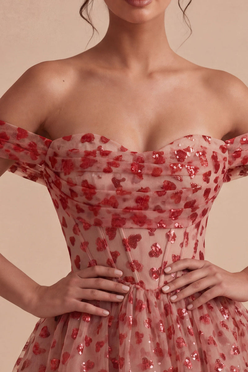 Laden Sie das Bild in den Galerie-Viewer, Off-the-shoulder rotes A-Linien-Pailletten-Korsett mit Stufen und Rüschen-Homecoming-Kleid
