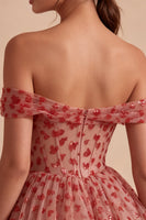 Laden Sie das Bild in den Galerie-Viewer, Off-the-shoulder rotes A-Linien-Pailletten-Korsett mit Stufen und Rüschen-Homecoming-Kleid
