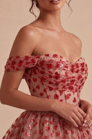 Laden Sie das Bild in den Galerie-Viewer, Off-the-shoulder rotes A-Linien-Pailletten-Korsett mit Stufen und Rüschen-Homecoming-Kleid