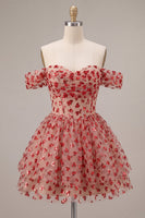 Laden Sie das Bild in den Galerie-Viewer, Off-the-shoulder rotes A-Linien-Pailletten-Korsett mit Stufen und Rüschen-Homecoming-Kleid