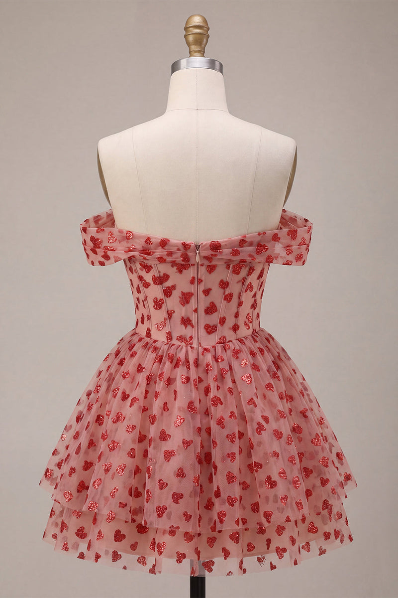 Laden Sie das Bild in den Galerie-Viewer, Off-the-shoulder rotes A-Linien-Pailletten-Korsett mit Stufen und Rüschen-Homecoming-Kleid