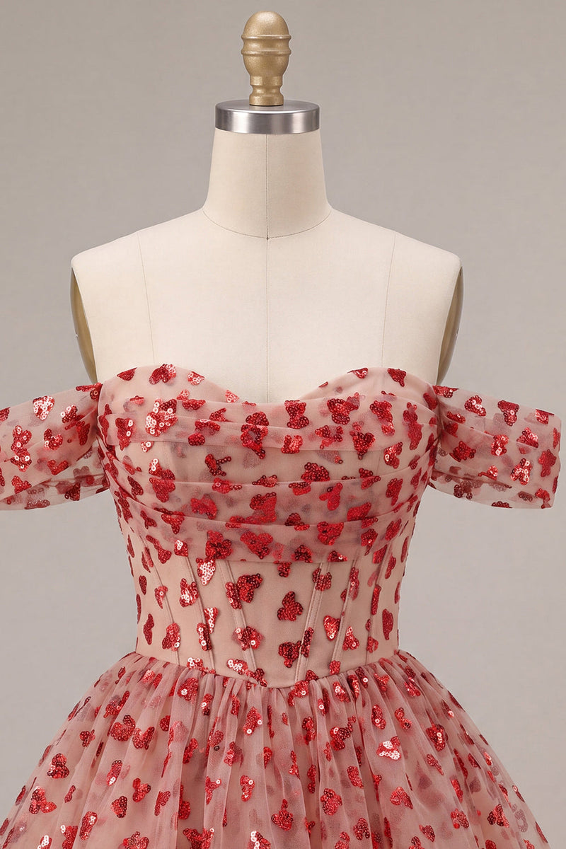 Laden Sie das Bild in den Galerie-Viewer, Off-the-shoulder rotes A-Linien-Pailletten-Korsett mit Stufen und Rüschen-Homecoming-Kleid