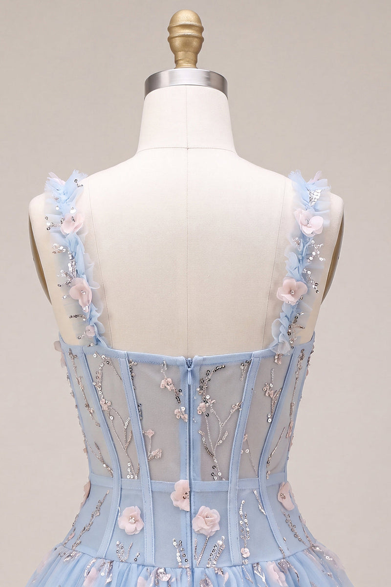 Laden Sie das Bild in den Galerie-Viewer, A-Line blaues transparentes Korsett, geblümtes Rüschen-Blasen-Saum-Kurzkleid zum Homecoming-Abend