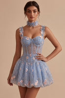 Laden Sie das Bild in den Galerie-Viewer, A-Line blaues transparentes Korsett, geblümtes Rüschen-Blasen-Saum-Kurzkleid zum Homecoming-Abend