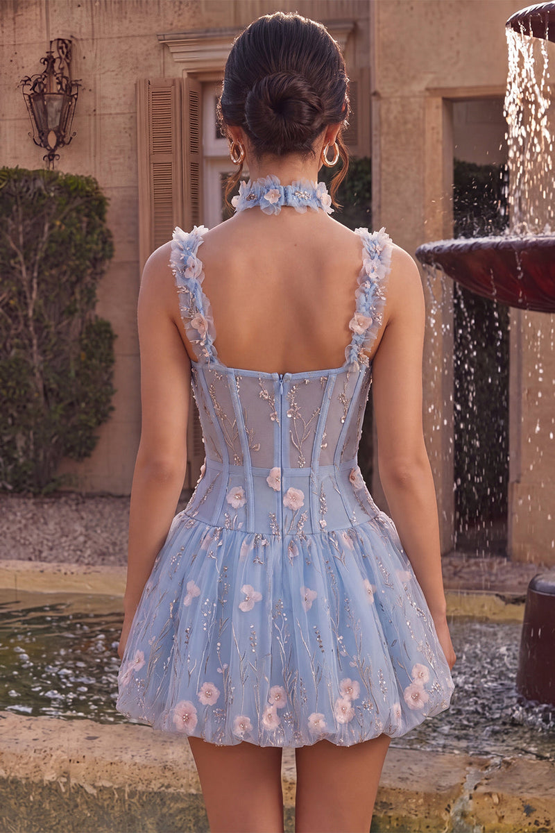 Laden Sie das Bild in den Galerie-Viewer, A-Line blaues transparentes Korsett, geblümtes Rüschen-Blasen-Saum-Kurzkleid zum Homecoming-Abend