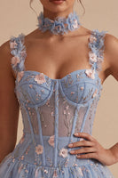 Laden Sie das Bild in den Galerie-Viewer, A-Line blaues transparentes Korsett, geblümtes Rüschen-Blasen-Saum-Kurzkleid zum Homecoming-Abend