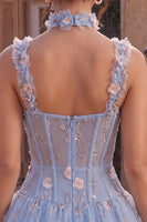 Laden Sie das Bild in den Galerie-Viewer, A-Line blaues transparentes Korsett, geblümtes Rüschen-Blasen-Saum-Kurzkleid zum Homecoming-Abend