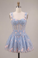 Laden Sie das Bild in den Galerie-Viewer, A-Line blaues transparentes Korsett, geblümtes Rüschen-Blasen-Saum-Kurzkleid zum Homecoming-Abend