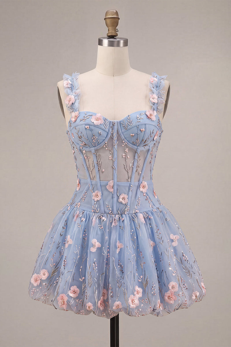Laden Sie das Bild in den Galerie-Viewer, A-Line blaues transparentes Korsett, geblümtes Rüschen-Blasen-Saum-Kurzkleid zum Homecoming-Abend