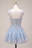 Laden Sie das Bild in den Galerie-Viewer, A-Line blaues transparentes Korsett, geblümtes Rüschen-Blasen-Saum-Kurzkleid zum Homecoming-Abend