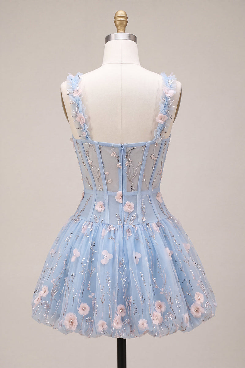 Laden Sie das Bild in den Galerie-Viewer, A-Line blaues transparentes Korsett, geblümtes Rüschen-Blasen-Saum-Kurzkleid zum Homecoming-Abend
