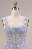 Laden Sie das Bild in den Galerie-Viewer, A-Line blaues transparentes Korsett, geblümtes Rüschen-Blasen-Saum-Kurzkleid zum Homecoming-Abend