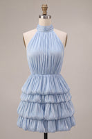 Laden Sie das Bild in den Galerie-Viewer, Blaues Neckholder-Halsausschnitt A-Linien gestuftes, gerüschendes kurzes Homecoming-Kleid mit Bubble-Saum
