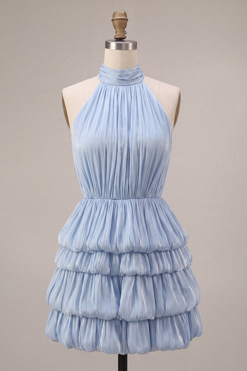 Laden Sie das Bild in den Galerie-Viewer, Blaues Neckholder-Halsausschnitt A-Linien gestuftes, gerüschendes kurzes Homecoming-Kleid mit Bubble-Saum