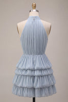 Laden Sie das Bild in den Galerie-Viewer, Blaues Neckholder-Halsausschnitt A-Linien gestuftes, gerüschendes kurzes Homecoming-Kleid mit Bubble-Saum