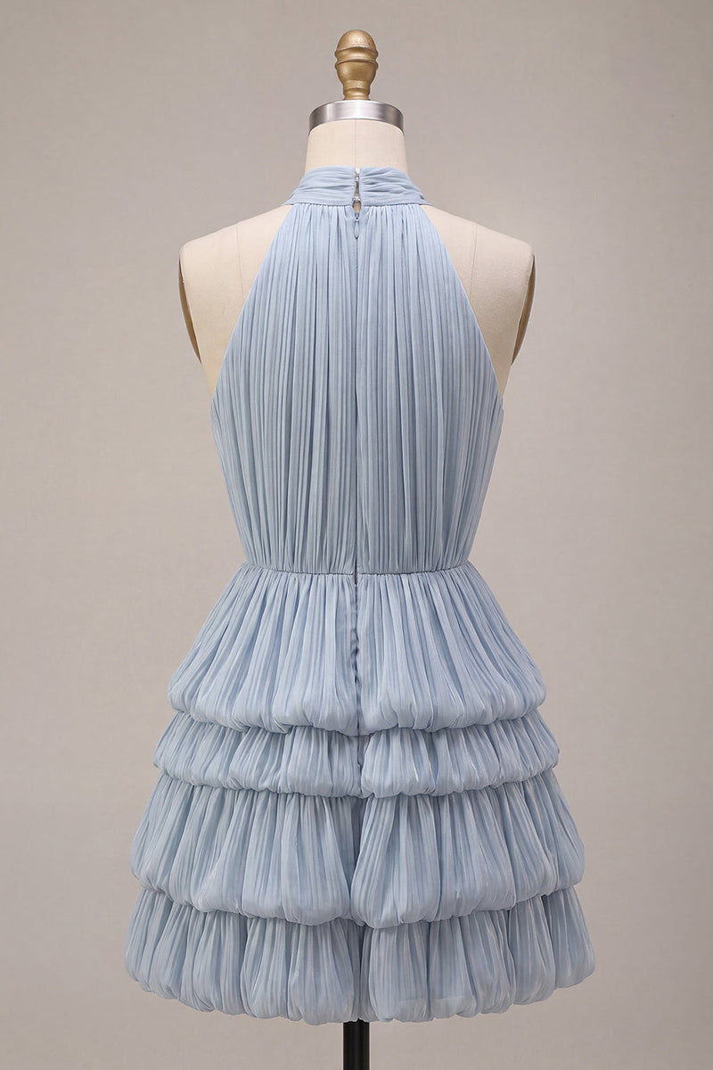Laden Sie das Bild in den Galerie-Viewer, Blaues Neckholder-Halsausschnitt A-Linien gestuftes, gerüschendes kurzes Homecoming-Kleid mit Bubble-Saum
