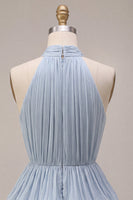 Laden Sie das Bild in den Galerie-Viewer, Blaues Neckholder-Halsausschnitt A-Linien gestuftes, gerüschendes kurzes Homecoming-Kleid mit Bubble-Saum