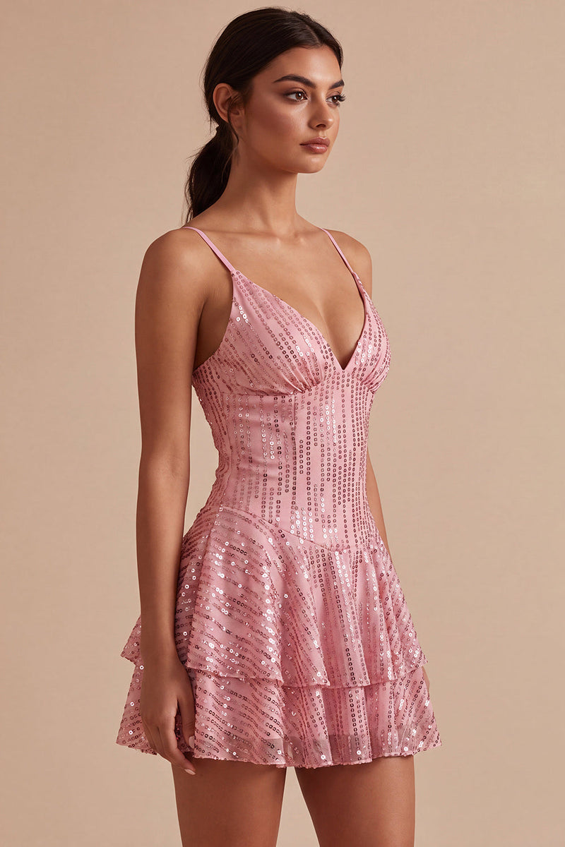 Laden Sie das Bild in den Galerie-Viewer, A-Linie Rosa gestufte, rüschende Pailletten Kurzes Homecoming-Kleid