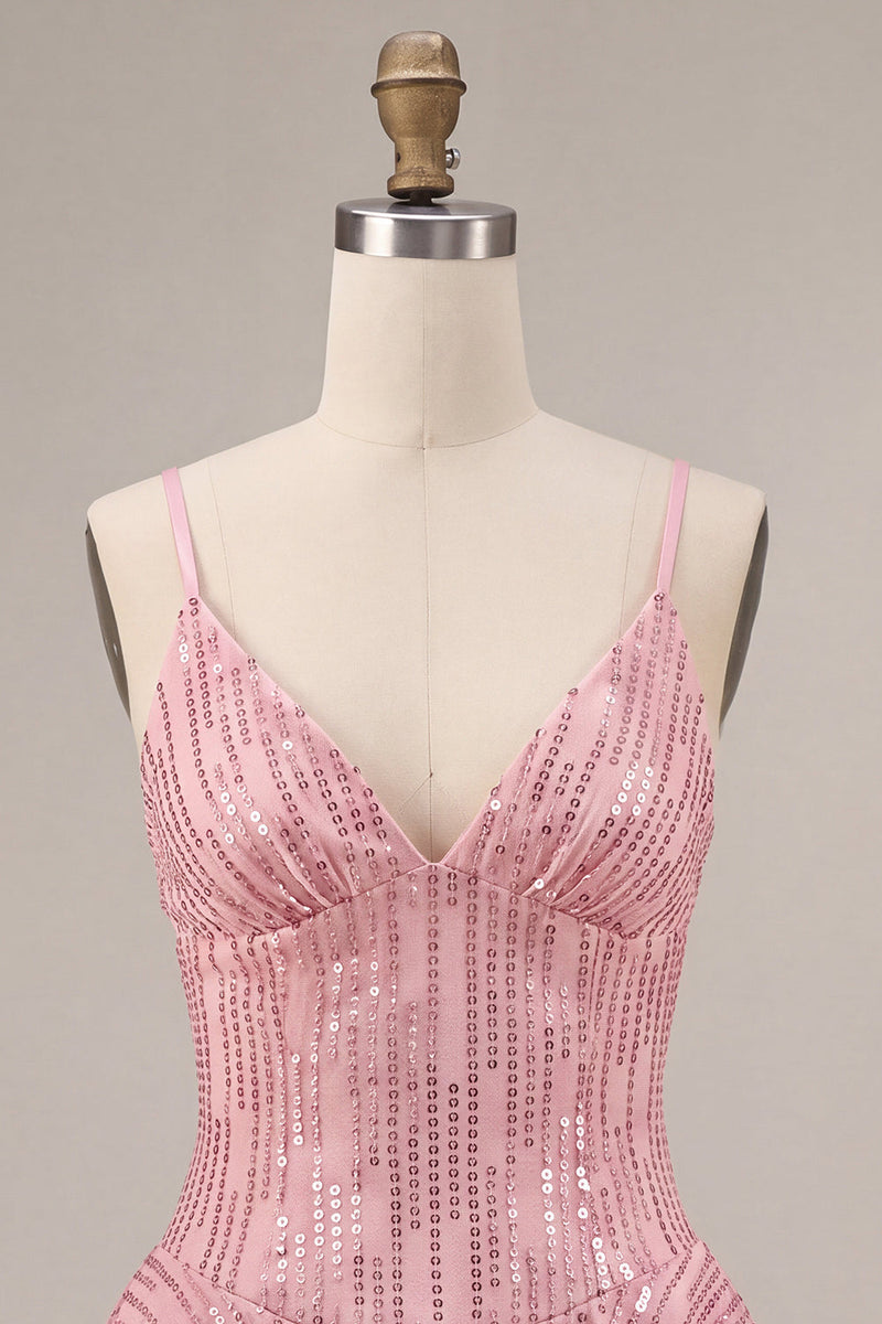 Laden Sie das Bild in den Galerie-Viewer, A-Linie Rosa gestufte, rüschende Pailletten Kurzes Homecoming-Kleid