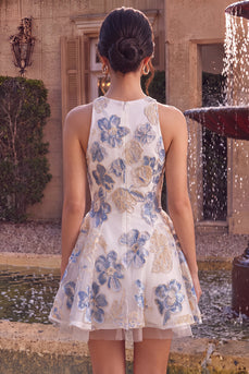 A-Linie Weiße Pflaumenblume Jacquard Kurzes Abendkleid mit Rüschen