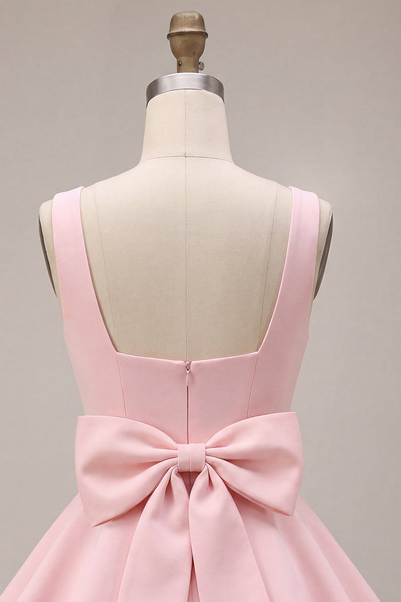 Laden Sie das Bild in den Galerie-Viewer, Rosa A-Linien Rüschen Quadratischer Ausschnitt Kurzes Abendkleid mit Schleife