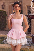 Laden Sie das Bild in den Galerie-Viewer, Rosa A-Linien Rüschen Quadratischer Ausschnitt Kurzes Abendkleid mit Schleife