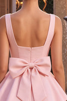Laden Sie das Bild in den Galerie-Viewer, Rosa A-Linien Rüschen Quadratischer Ausschnitt Kurzes Abendkleid mit Schleife