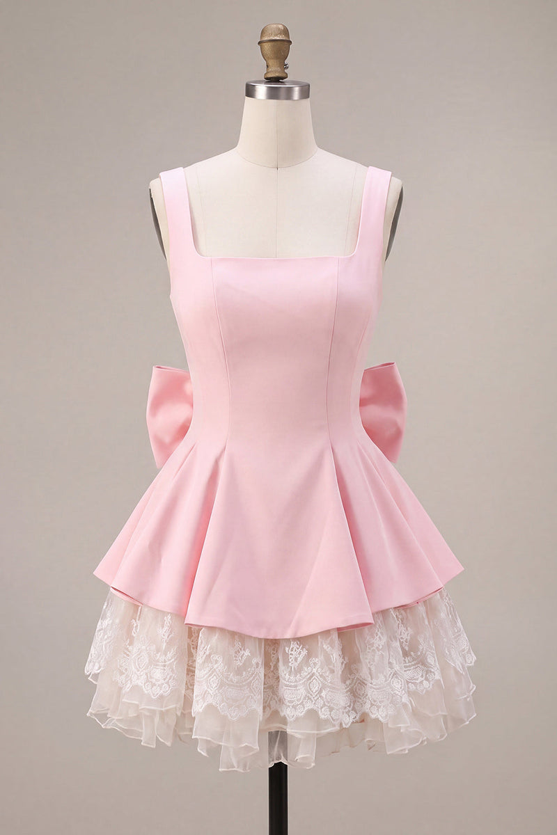 Laden Sie das Bild in den Galerie-Viewer, Rosa A-Linien Rüschen Quadratischer Ausschnitt Kurzes Abendkleid mit Schleife