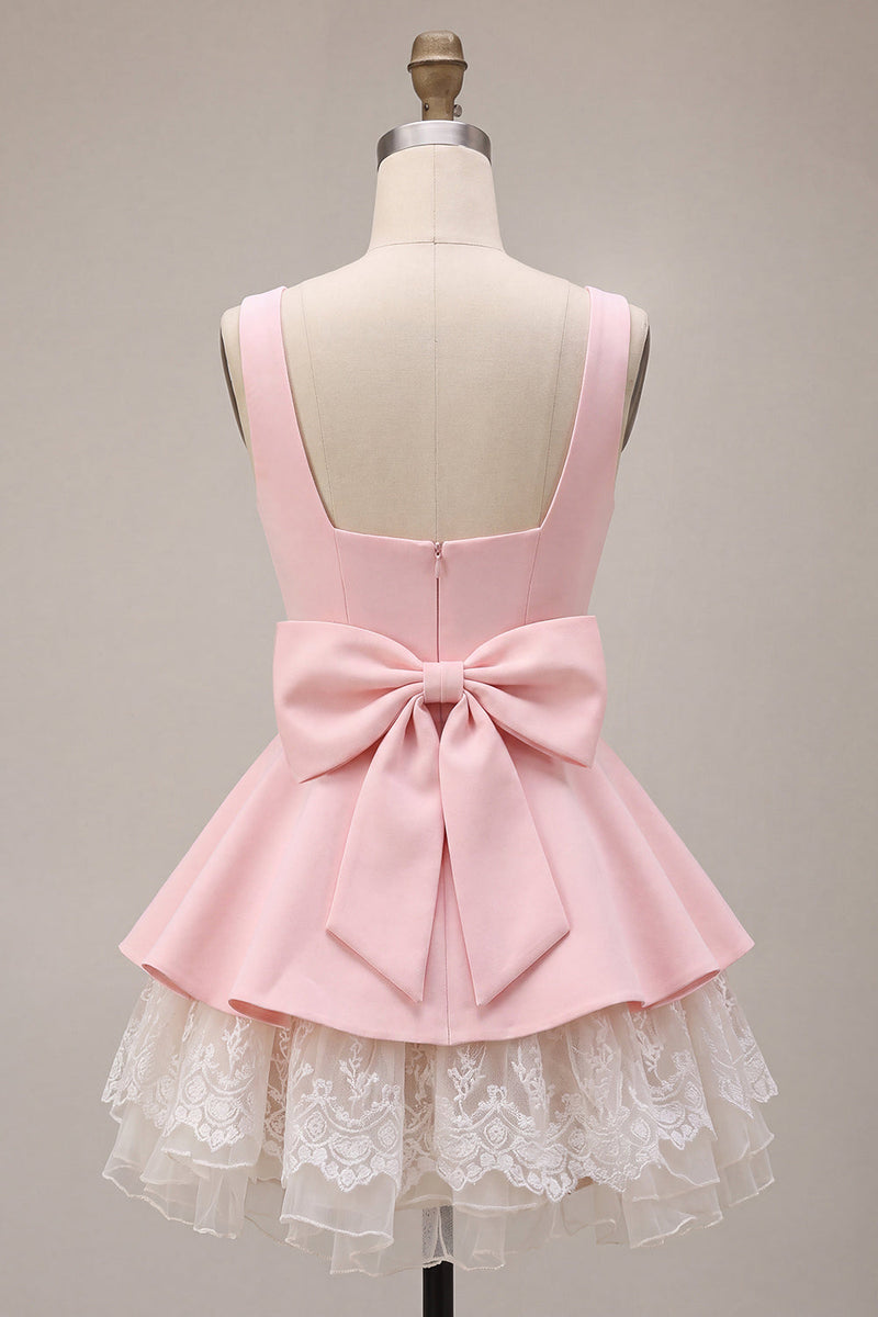 Laden Sie das Bild in den Galerie-Viewer, Rosa A-Linien Rüschen Quadratischer Ausschnitt Kurzes Abendkleid mit Schleife