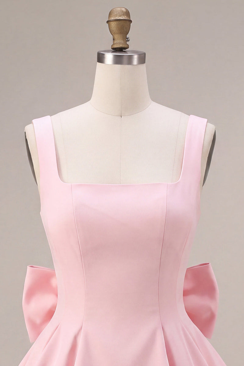 Laden Sie das Bild in den Galerie-Viewer, Rosa A-Linien Rüschen Quadratischer Ausschnitt Kurzes Abendkleid mit Schleife