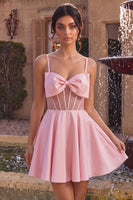 Laden Sie das Bild in den Galerie-Viewer, Rosa A-Linien Rüschen Transparentes Korsett Kurzes Abendkleid mit Perlenmuster und Schleife