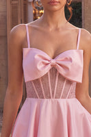 Laden Sie das Bild in den Galerie-Viewer, Rosa A-Linien Rüschen Transparentes Korsett Kurzes Abendkleid mit Perlenmuster und Schleife