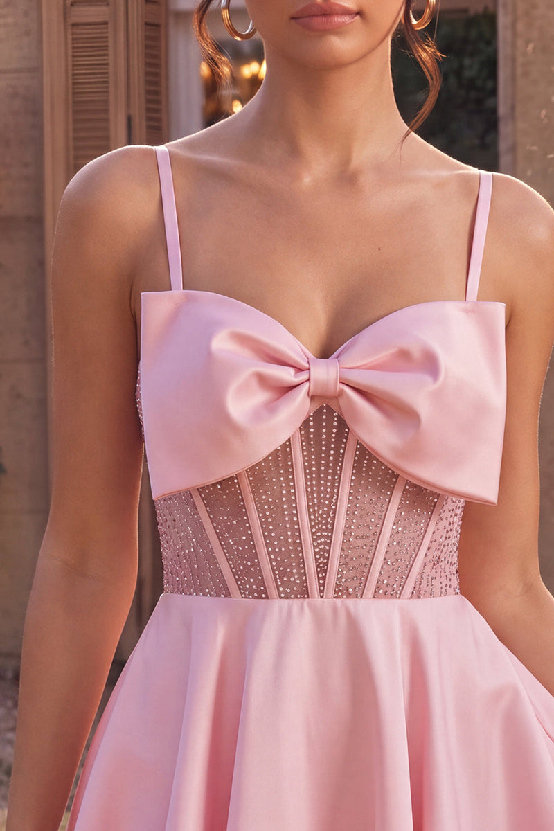 Laden Sie das Bild in den Galerie-Viewer, Rosa A-Linien Rüschen Transparentes Korsett Kurzes Abendkleid mit Perlenmuster und Schleife