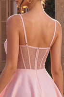Laden Sie das Bild in den Galerie-Viewer, Rosa A-Linien Rüschen Transparentes Korsett Kurzes Abendkleid mit Perlenmuster und Schleife