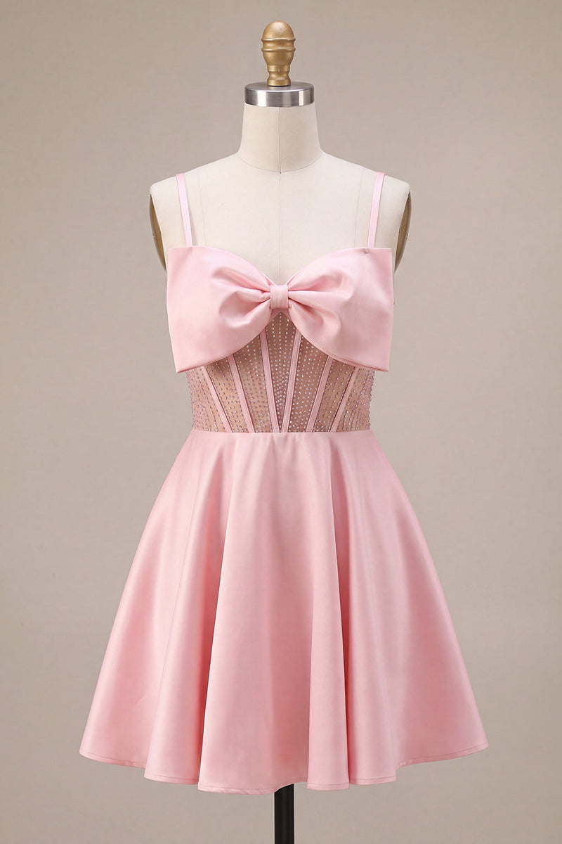 Laden Sie das Bild in den Galerie-Viewer, Rosa A-Linien Rüschen Transparentes Korsett Kurzes Abendkleid mit Perlenmuster und Schleife