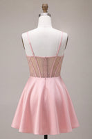 Laden Sie das Bild in den Galerie-Viewer, Rosa A-Linien Rüschen Transparentes Korsett Kurzes Abendkleid mit Perlenmuster und Schleife
