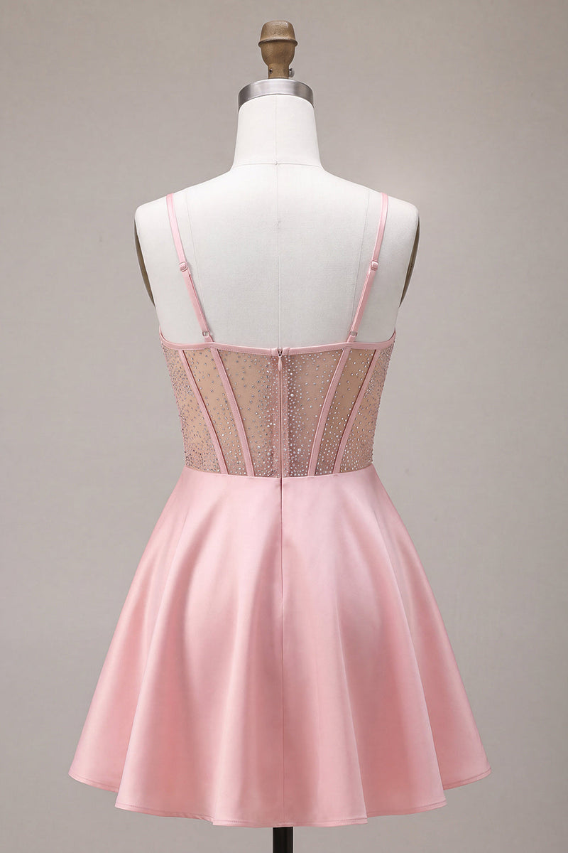 Laden Sie das Bild in den Galerie-Viewer, Rosa A-Linien Rüschen Transparentes Korsett Kurzes Abendkleid mit Perlenmuster und Schleife