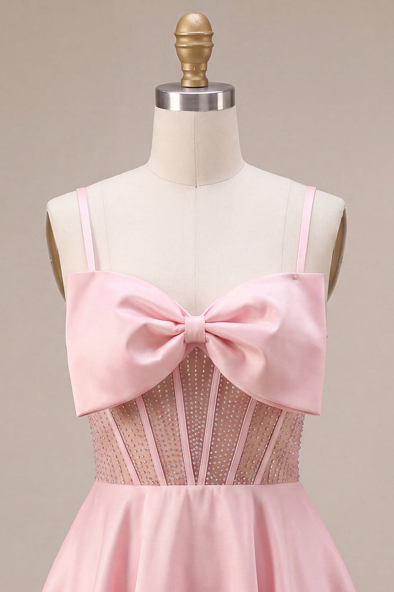 Laden Sie das Bild in den Galerie-Viewer, Rosa A-Linien Rüschen Transparentes Korsett Kurzes Abendkleid mit Perlenmuster und Schleife