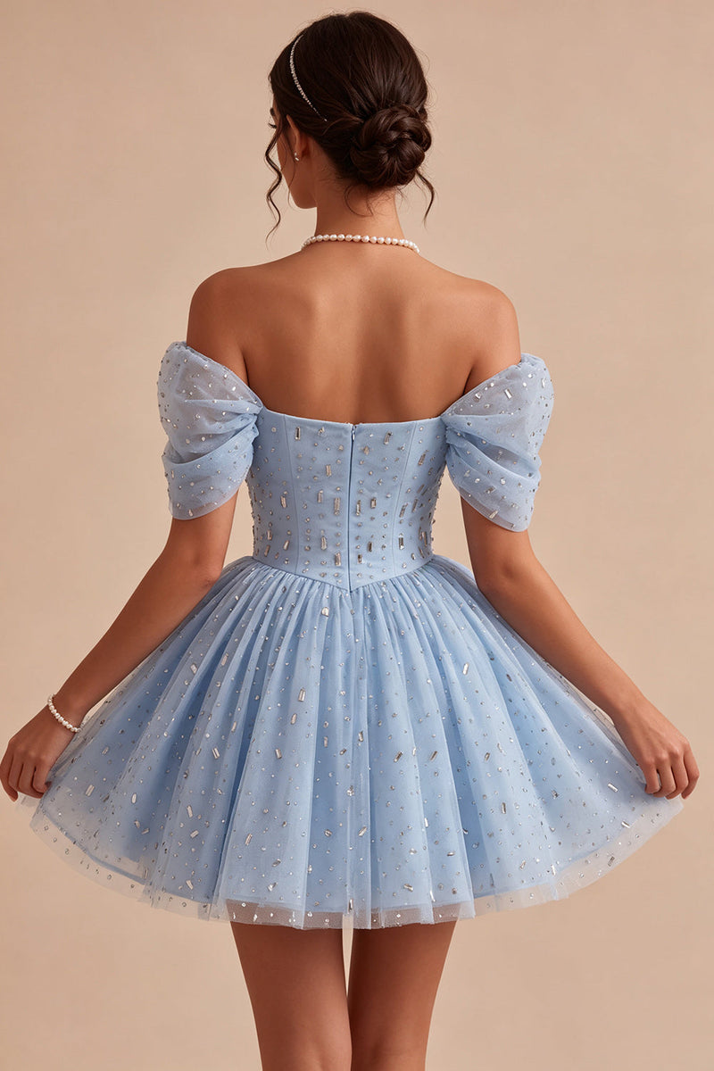 Laden Sie das Bild in den Galerie-Viewer, Schulterloses Blaues Gerüschendes Korsett Kurzes Abendkleid mit Perlenmuster