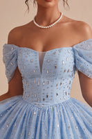 Laden Sie das Bild in den Galerie-Viewer, Schulterloses Blaues Gerüschendes Korsett Kurzes Abendkleid mit Perlenmuster