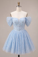 Laden Sie das Bild in den Galerie-Viewer, Schulterloses Blaues Gerüschendes Korsett Kurzes Abendkleid mit Perlenmuster