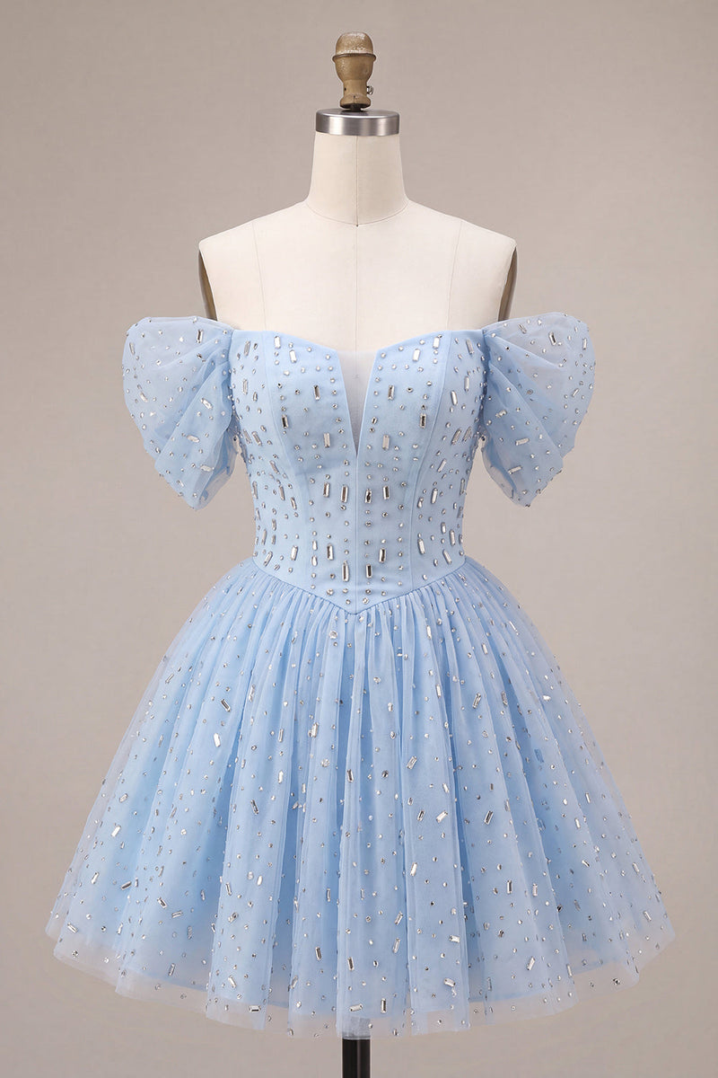Laden Sie das Bild in den Galerie-Viewer, Schulterloses Blaues Gerüschendes Korsett Kurzes Abendkleid mit Perlenmuster