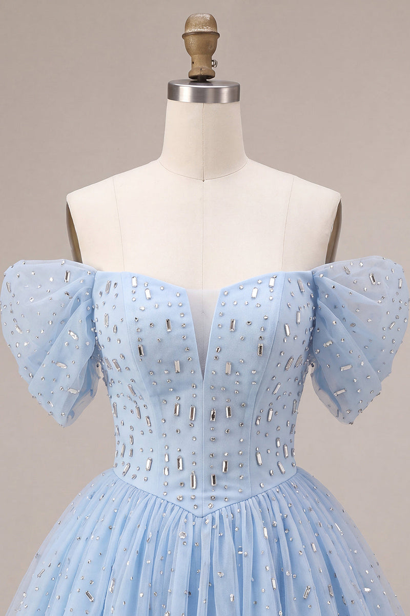 Laden Sie das Bild in den Galerie-Viewer, Schulterloses Blaues Gerüschendes Korsett Kurzes Abendkleid mit Perlenmuster